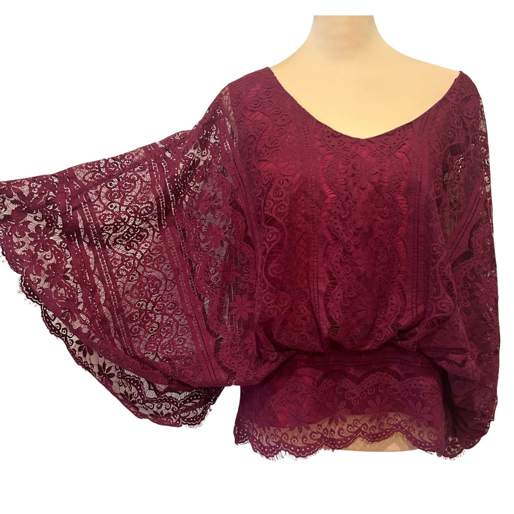Beyond Vintage Lace Top M Burgundy Red Dolman Sleeve Feminine Romantic Boho Fall